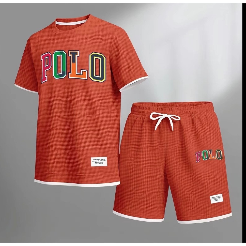 Mens Orange Waffle Knit Polo Graphic T-Shirt and Shorts 2 Set Streetwear 2XL